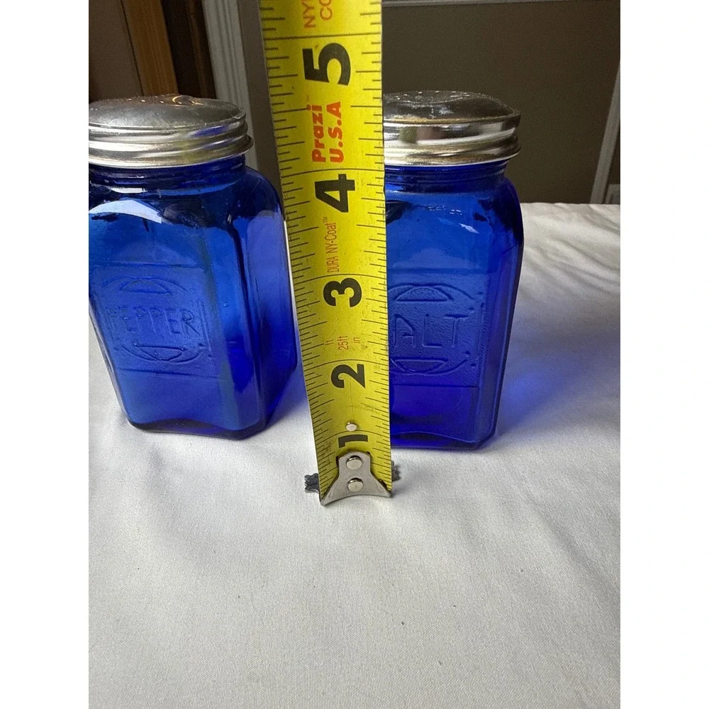 Vintage Cobalt Blue Glass Salt and Pepper Shakers Set Embossed Square Jars